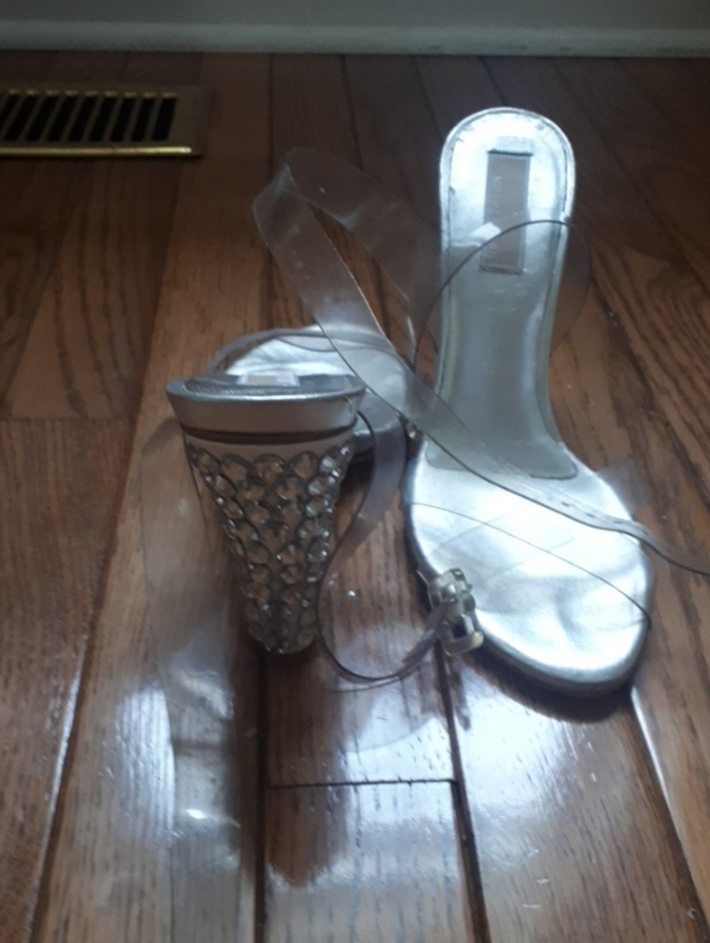Mi Harl Kors Clear Strap Silver Dress Sandals with Crystal Heel
